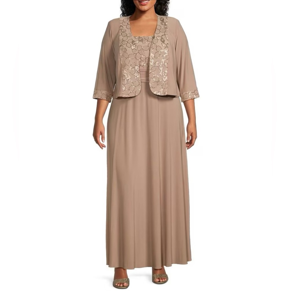 Le Bos Plus Size Embroidered 3/4 Sleeve Square Neck 2-Piece Dress Jacket Suit 16